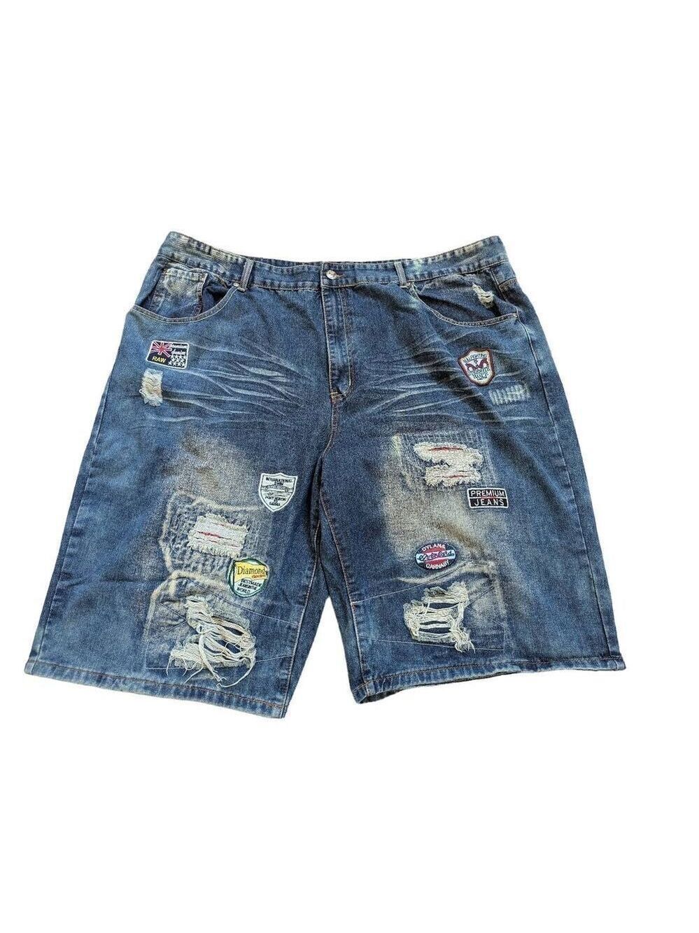 Chams Men's Blue Dark-Wash Mid-Rise Distressed Denim Shorts Size 50